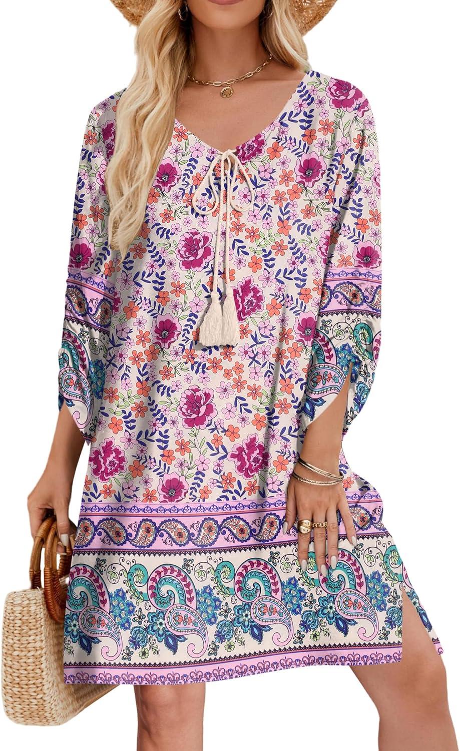 imageZeagoo Womens Boho Dresses Casual Beach Summer Dress Tassel Tie Neck 34 Long Sleeve Mini Sundress 2025 Floral Print Cover Up03 Apricot