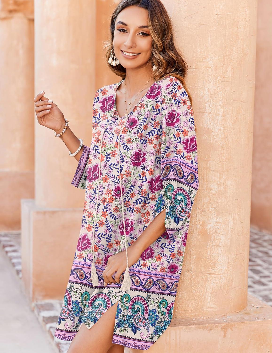 imageZeagoo Womens Boho Dresses Casual Beach Summer Dress Tassel Tie Neck 34 Long Sleeve Mini Sundress 2025 Floral Print Cover Up03 Apricot