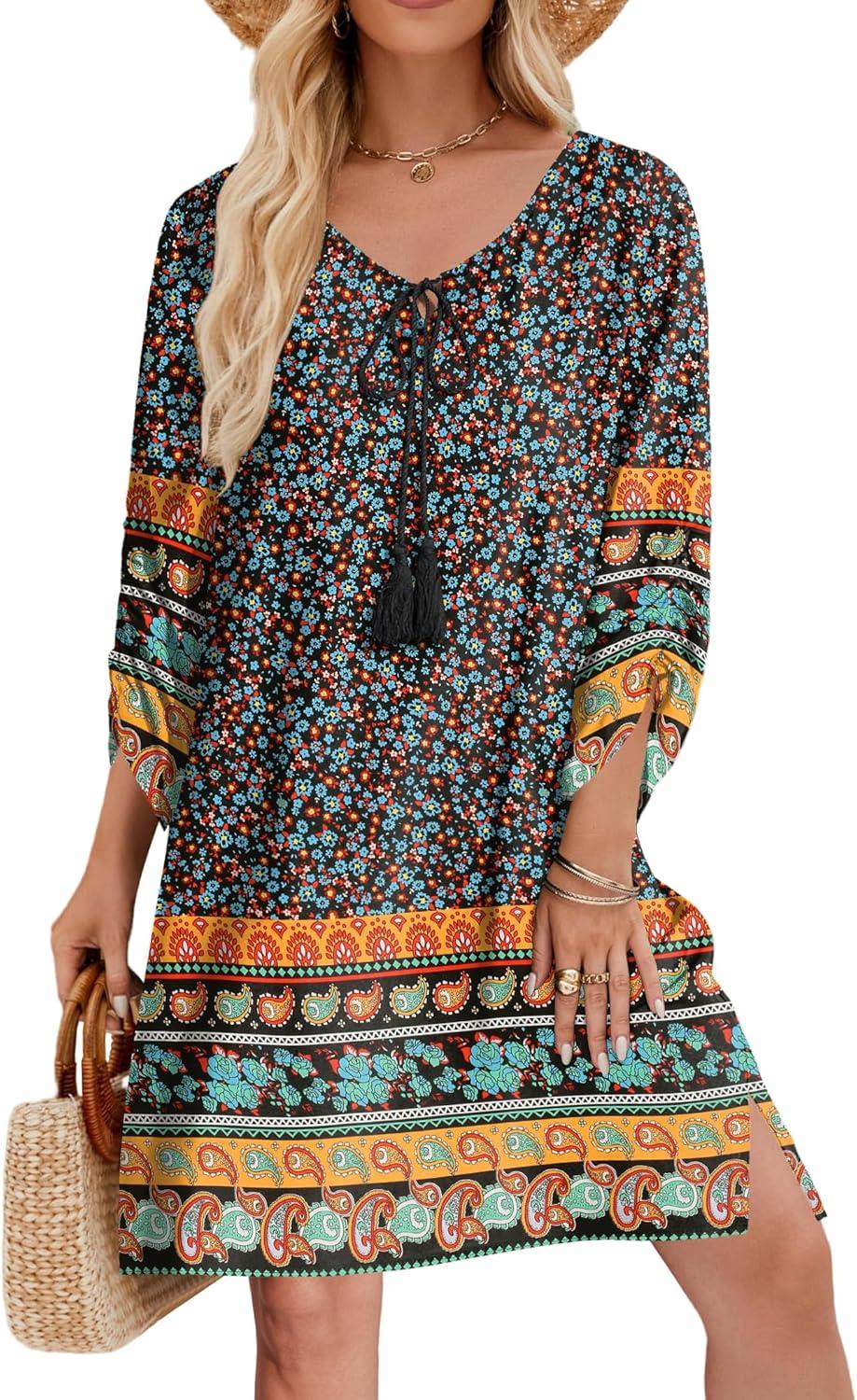 imageZeagoo Womens Boho Dresses Casual Beach Summer Dress Tassel Tie Neck 34 Long Sleeve Mini Sundress 2025 Floral Print Cover UpBlack