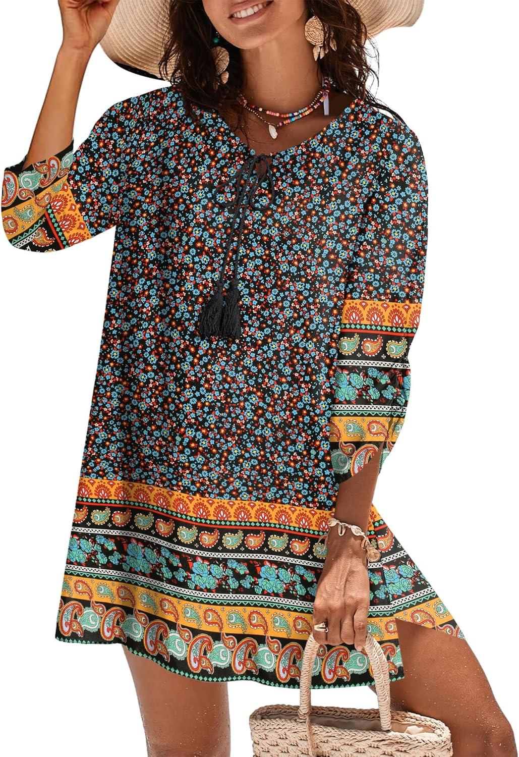 imageZeagoo Womens Boho Dresses Casual Beach Summer Dress Tassel Tie Neck 34 Long Sleeve Mini Sundress 2025 Floral Print Cover UpBlack