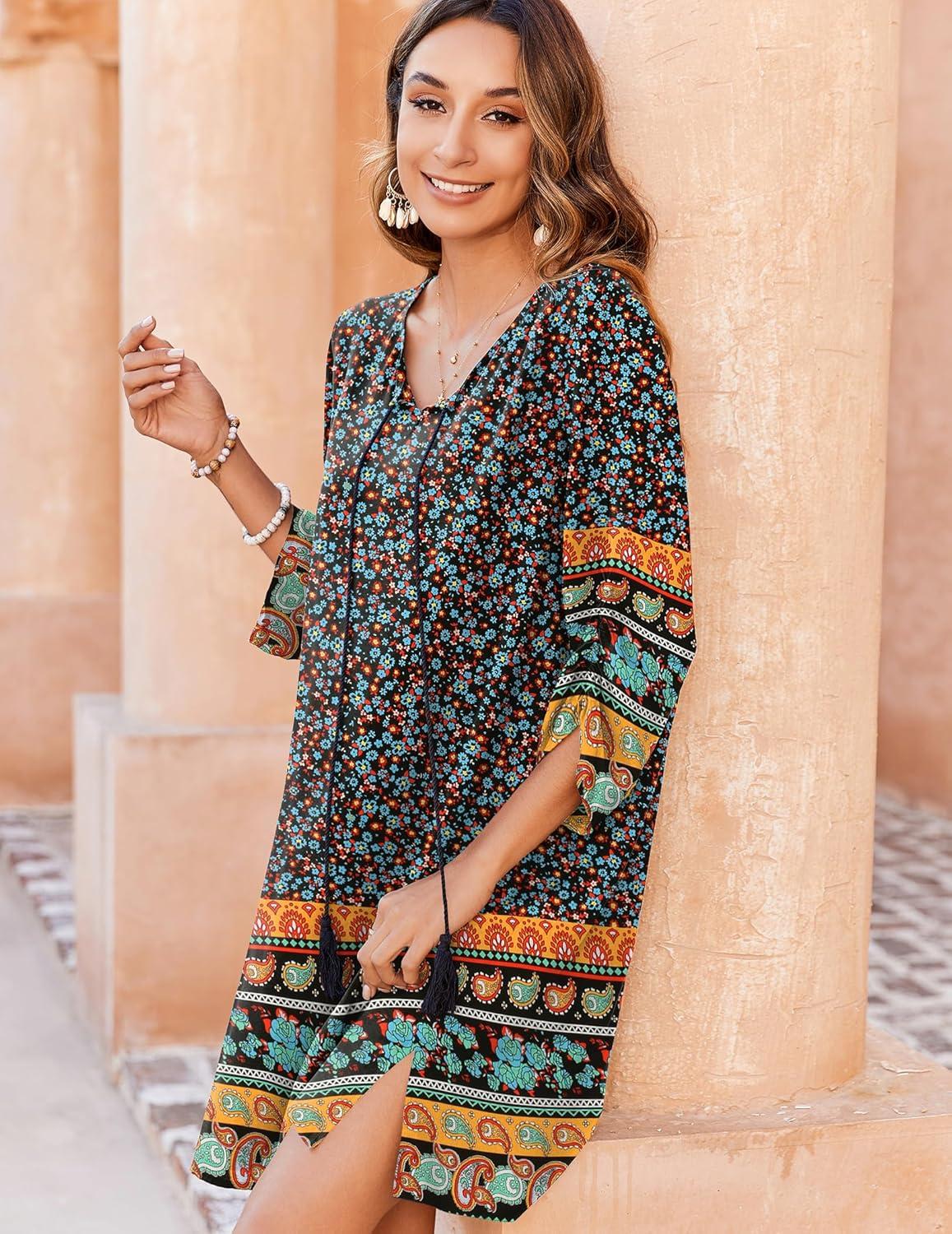 imageZeagoo Womens Boho Dresses Casual Beach Summer Dress Tassel Tie Neck 34 Long Sleeve Mini Sundress 2025 Floral Print Cover UpBlack