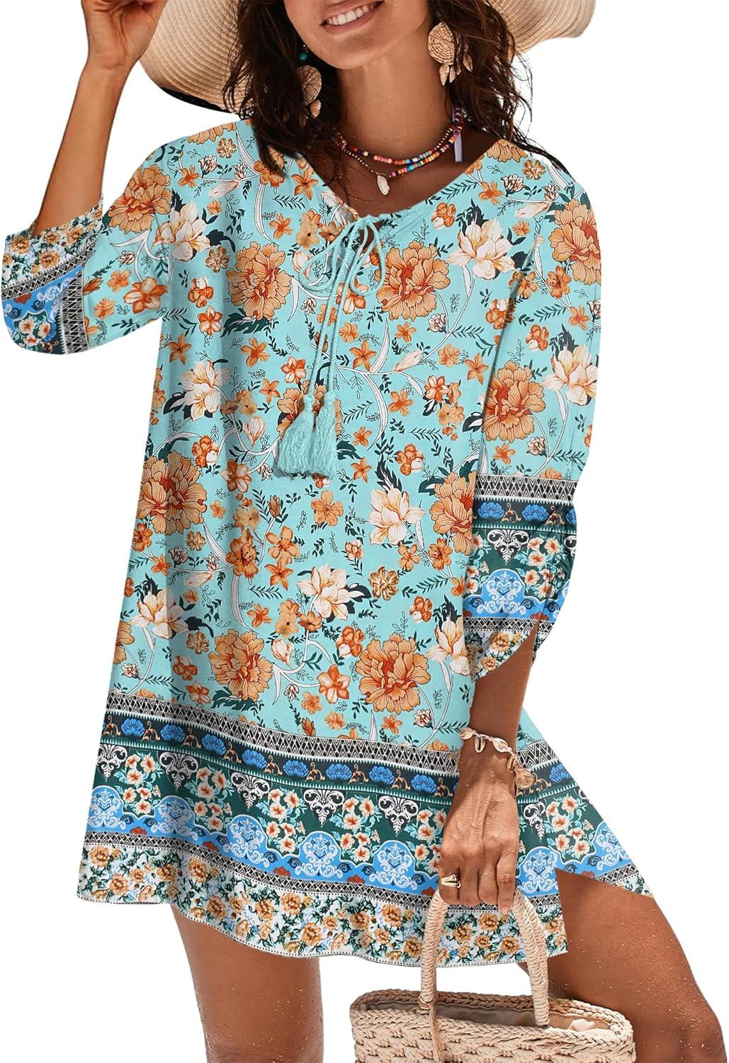 imageZeagoo Womens Boho Dresses Casual Beach Summer Dress Tassel Tie Neck 34 Long Sleeve Mini Sundress 2025 Floral Print Cover UpGreen