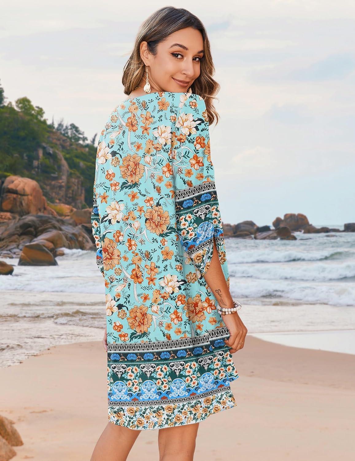 imageZeagoo Womens Boho Dresses Casual Beach Summer Dress Tassel Tie Neck 34 Long Sleeve Mini Sundress 2025 Floral Print Cover UpGreen