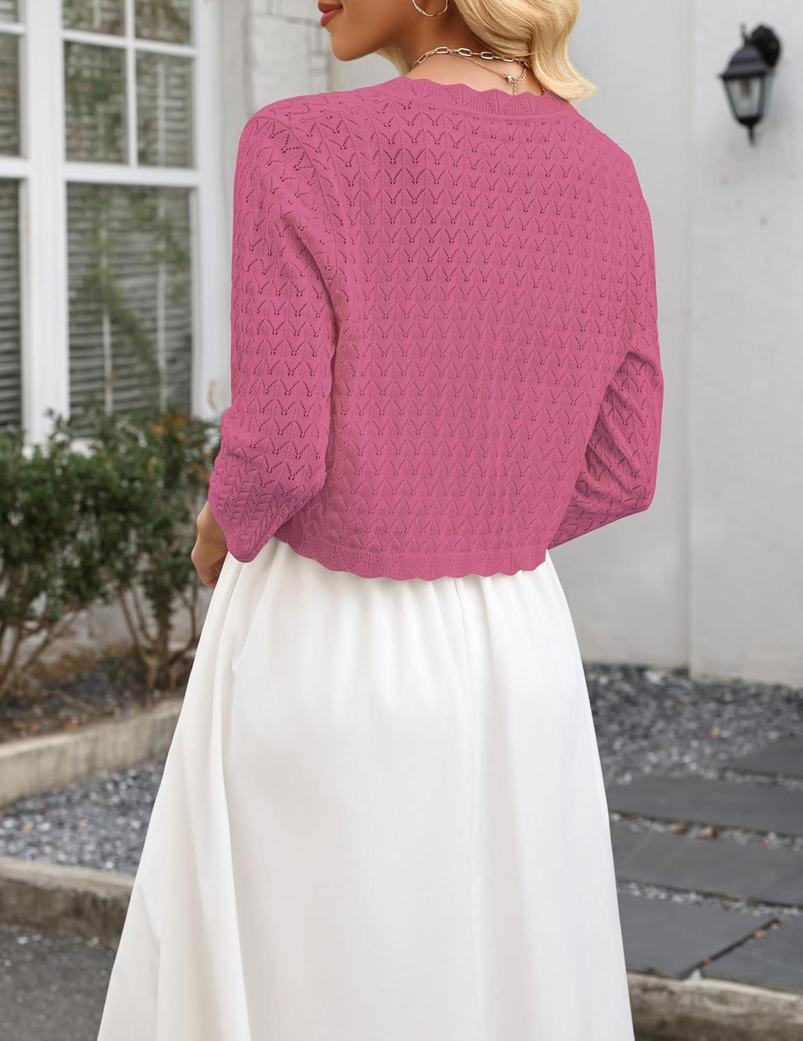 imageZeagoo Womens Bolero Shrug Crochet Cropped Cardigan Summer 34 Sleeve Lightweight Cardigans for DressHot Pink