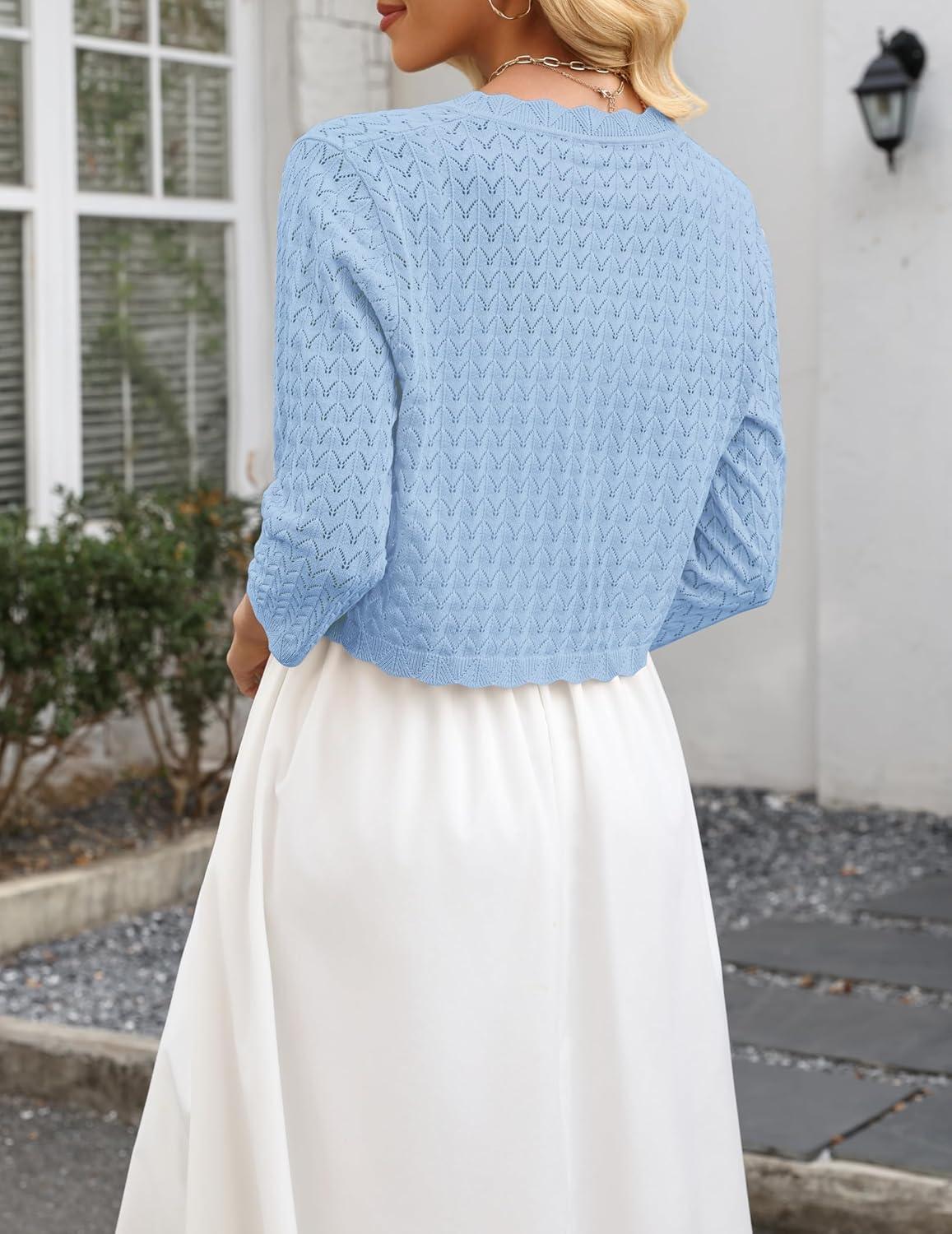 imageZeagoo Womens Bolero Shrug Crochet Cropped Cardigan Summer 34 Sleeve Lightweight Cardigans for DressLight Blue