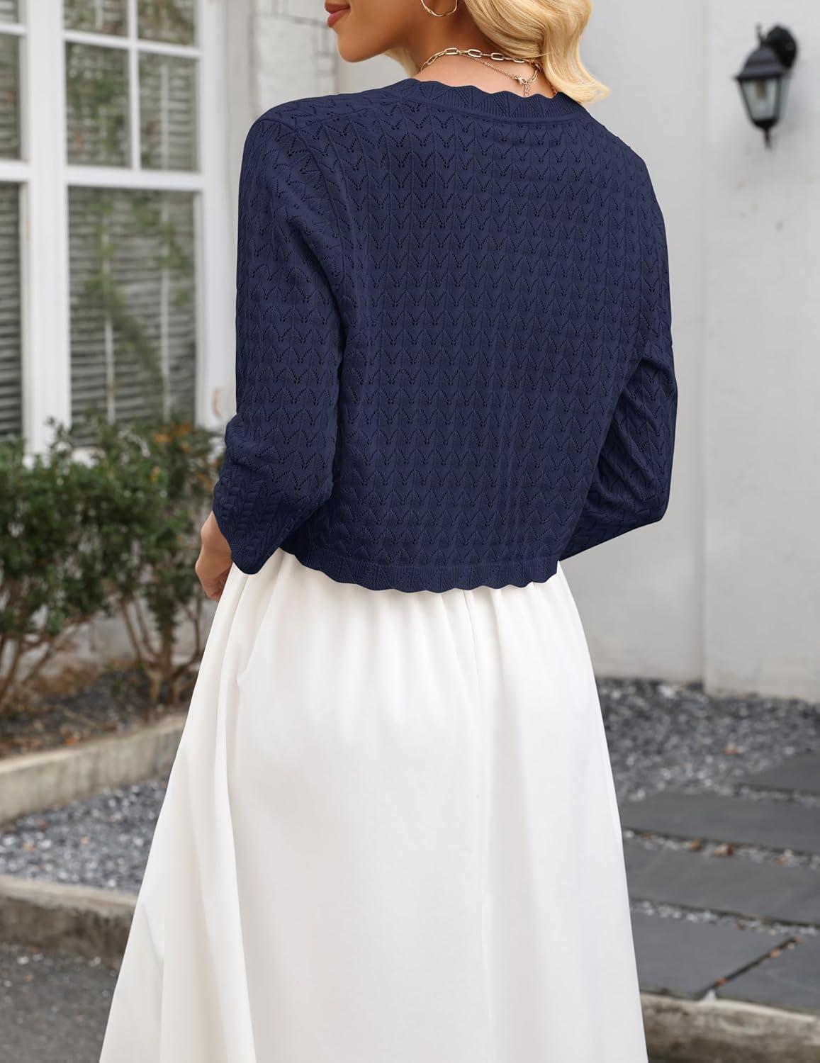 imageZeagoo Womens Bolero Shrug Crochet Cropped Cardigan Summer 34 Sleeve Lightweight Cardigans for DressNavy Blue