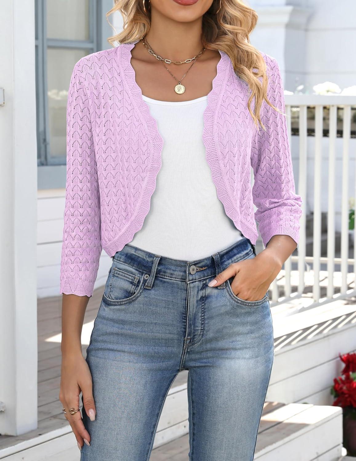 imageZeagoo Womens Bolero Shrug Crochet Cropped Cardigan Summer 34 Sleeve Lightweight Cardigans for DressPink Purple