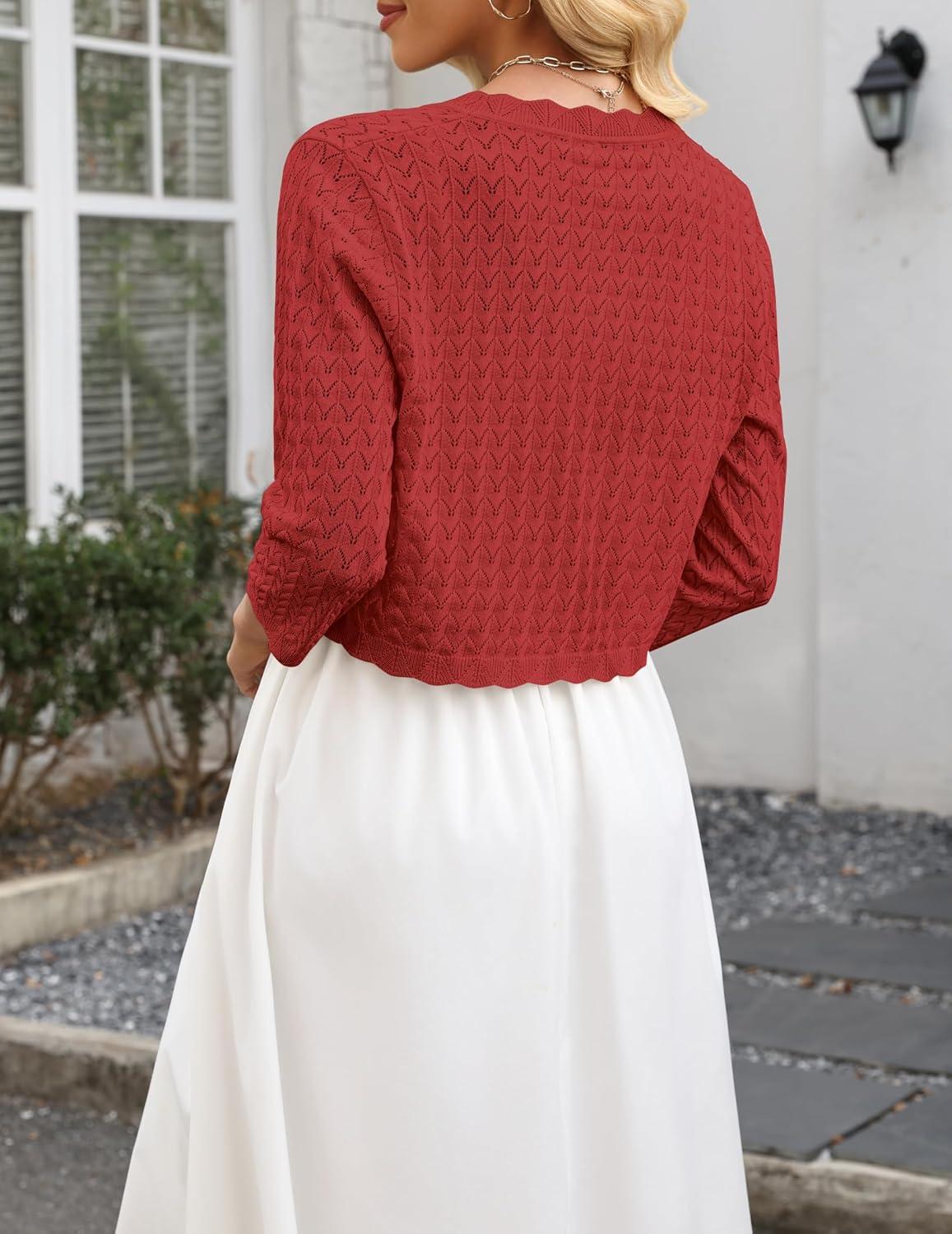imageZeagoo Womens Bolero Shrug Crochet Cropped Cardigan Summer 34 Sleeve Lightweight Cardigans for DressRed