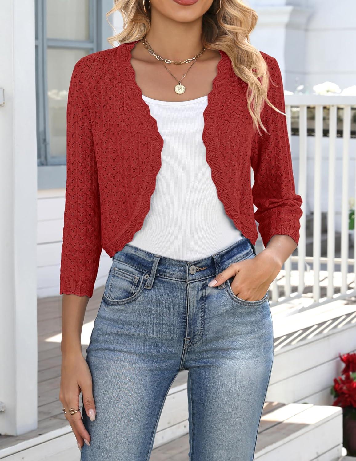 imageZeagoo Womens Bolero Shrug Crochet Cropped Cardigan Summer 34 Sleeve Lightweight Cardigans for DressRed
