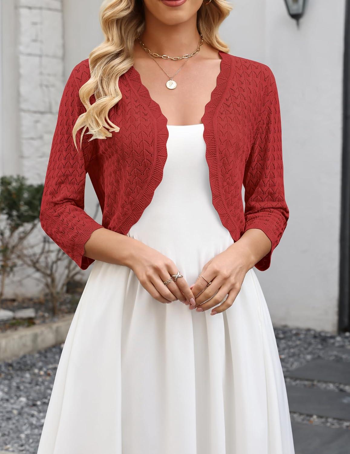 imageZeagoo Womens Bolero Shrug Crochet Cropped Cardigan Summer 34 Sleeve Lightweight Cardigans for DressRed