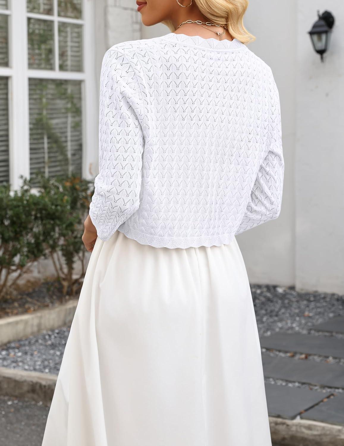 imageZeagoo Womens Bolero Shrug Crochet Cropped Cardigan Summer 34 Sleeve Lightweight Cardigans for DressWhite