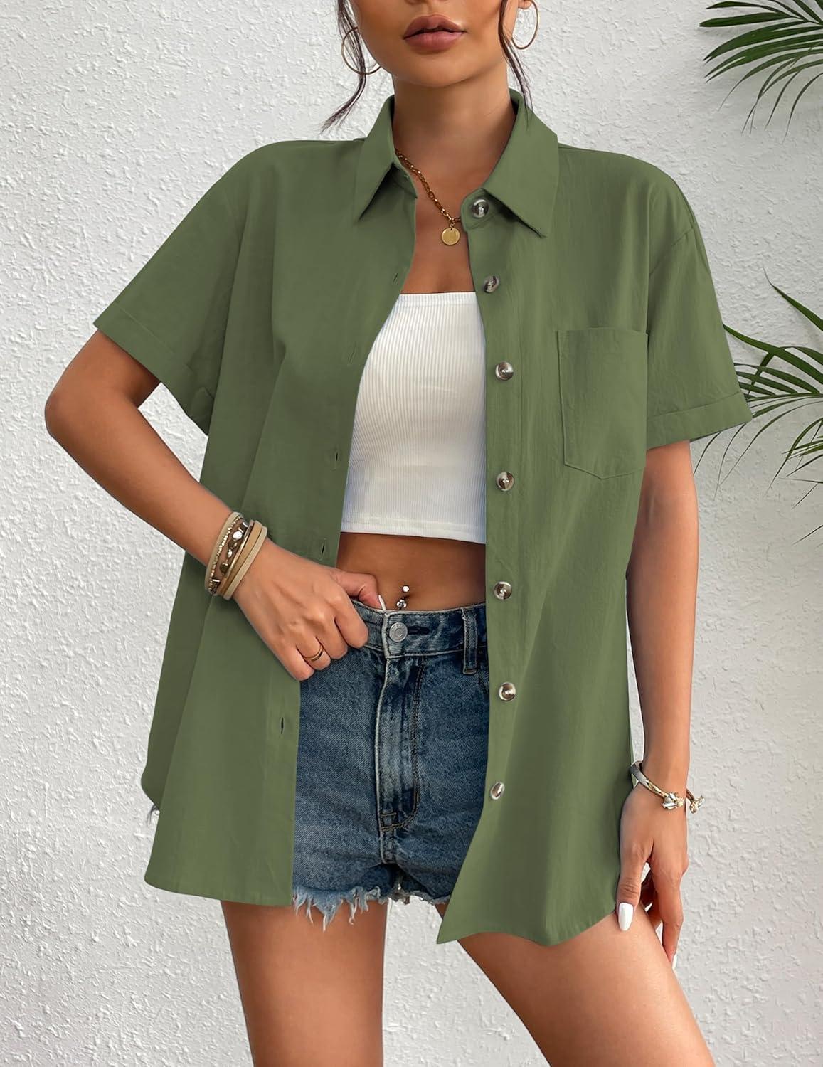 imageZeagoo Womens Button Down Linen Shirt Short Sleeve Cotton Blouse Summer Casual Loose Fit Beach Tops S2XLArmy Green