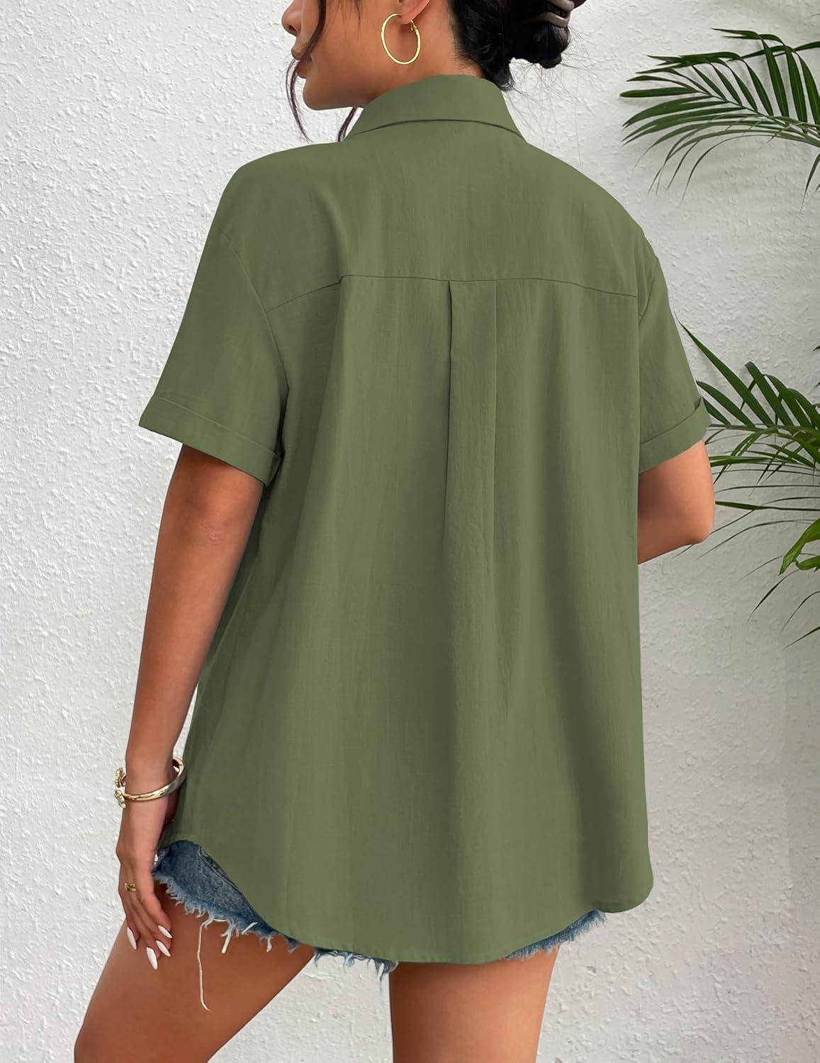 imageZeagoo Womens Button Down Linen Shirt Short Sleeve Cotton Blouse Summer Casual Loose Fit Beach Tops S2XLArmy Green