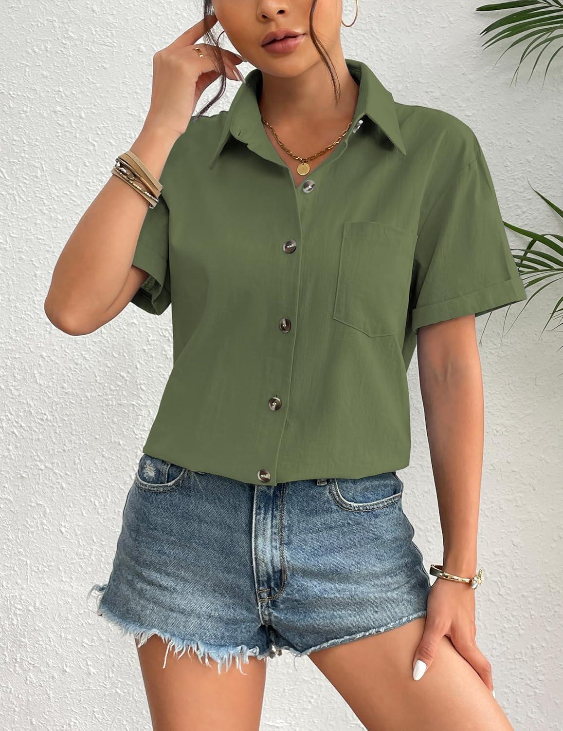 imageZeagoo Womens Button Down Linen Shirt Short Sleeve Cotton Blouse Summer Casual Loose Fit Beach Tops S2XLArmy Green