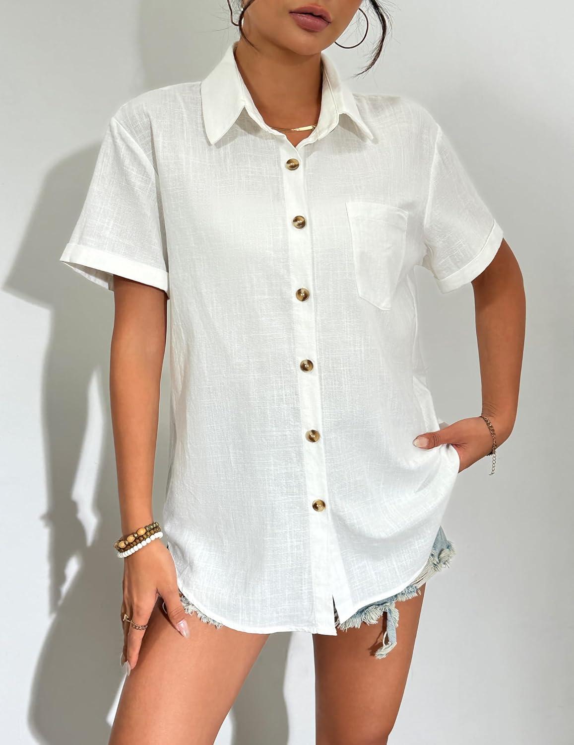 imageZeagoo Womens Button Down Linen Shirt Short Sleeve Cotton Blouse Summer Casual Loose Fit Beach Tops S2XLAwhite