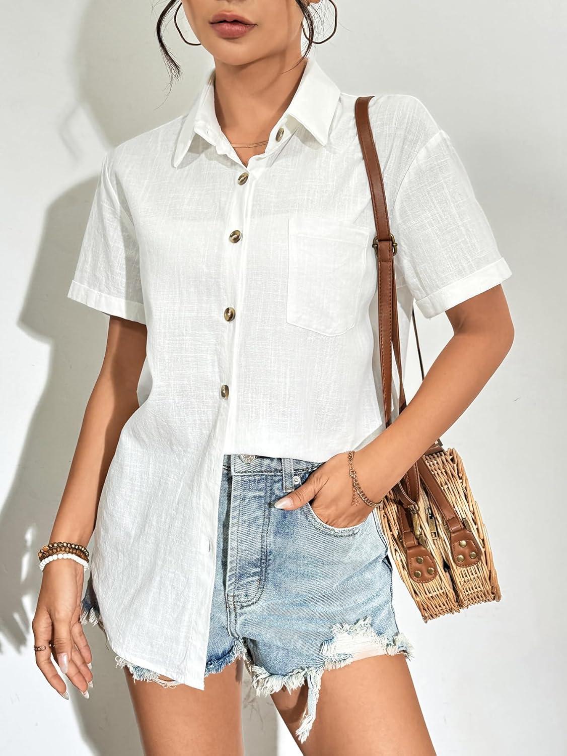 imageZeagoo Womens Button Down Linen Shirt Short Sleeve Cotton Blouse Summer Casual Loose Fit Beach Tops S2XLAwhite