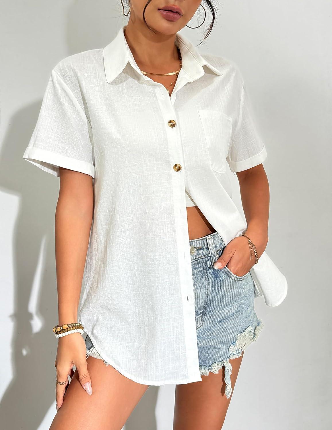 imageZeagoo Womens Button Down Linen Shirt Short Sleeve Cotton Blouse Summer Casual Loose Fit Beach Tops S2XLAwhite