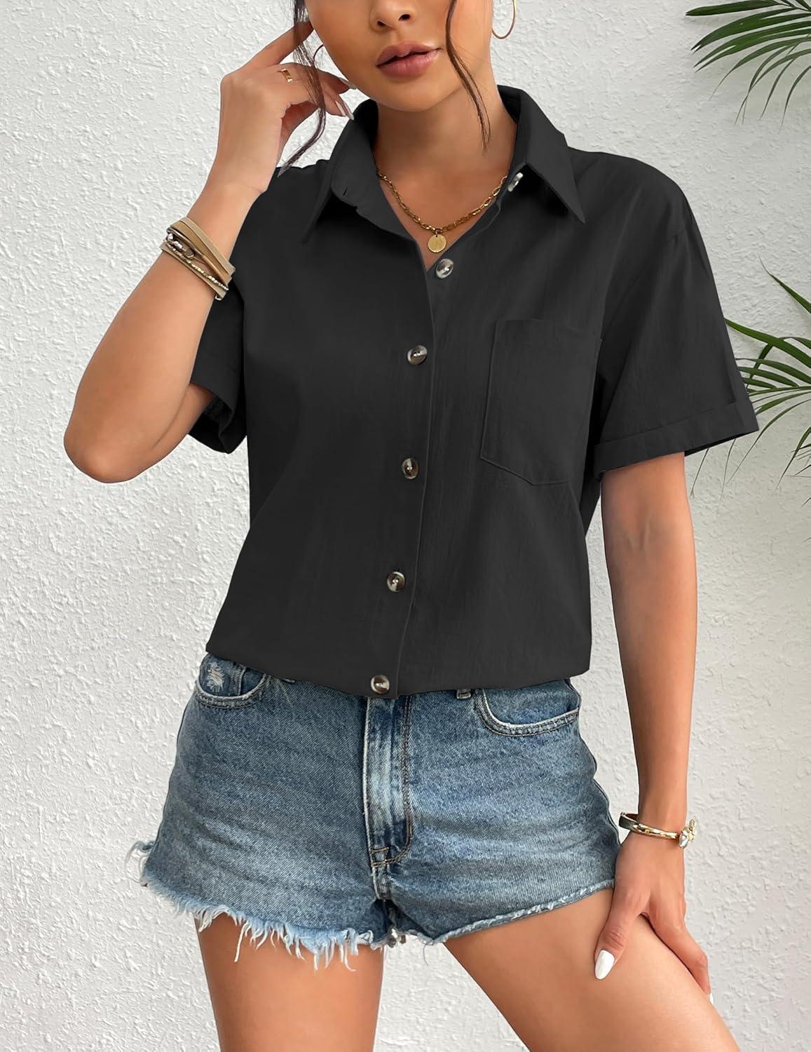 imageZeagoo Womens Button Down Linen Shirt Short Sleeve Cotton Blouse Summer Casual Loose Fit Beach Tops S2XLBlack