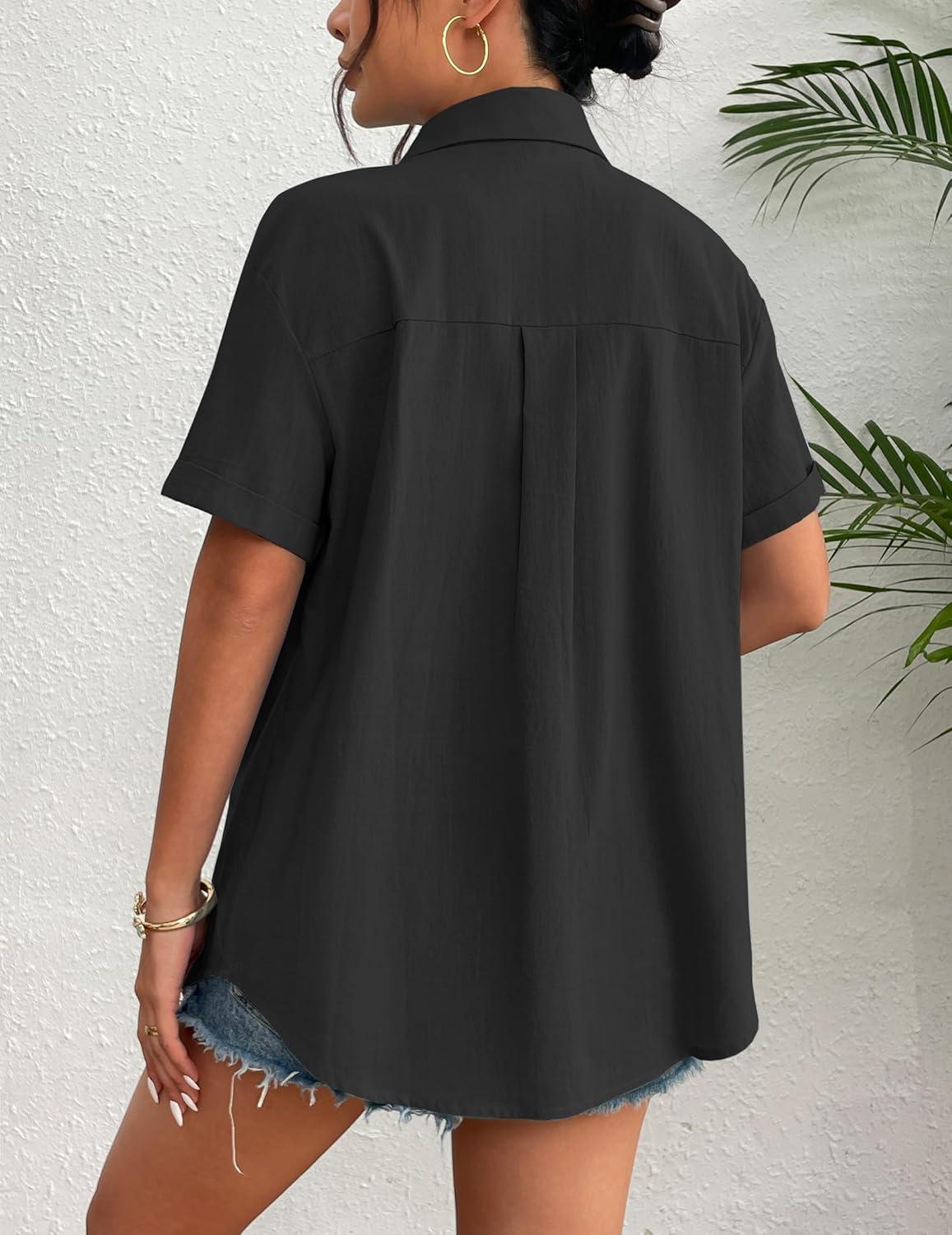 imageZeagoo Womens Button Down Linen Shirt Short Sleeve Cotton Blouse Summer Casual Loose Fit Beach Tops S2XLBlack