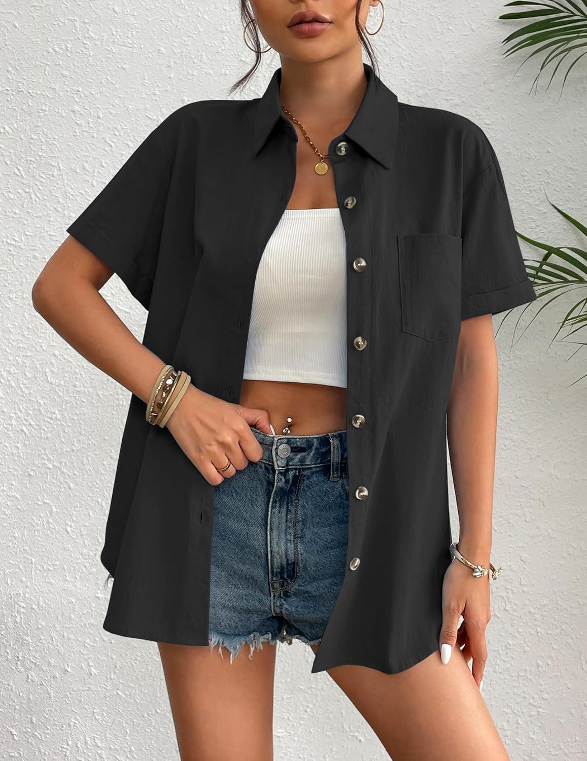 imageZeagoo Womens Button Down Linen Shirt Short Sleeve Cotton Blouse Summer Casual Loose Fit Beach Tops S2XLBlack