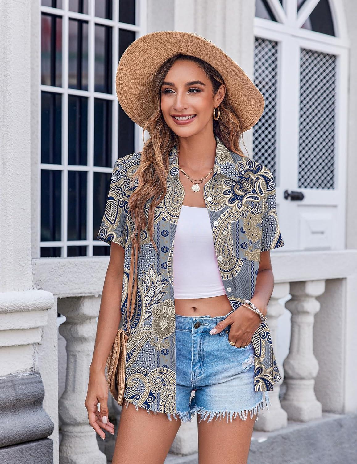 imageZeagoo Womens Button Down Shirt Bust Pocket Short Sleeve Blouses Business Casual Work Tops Summer OutfitsBoho Blue 919
