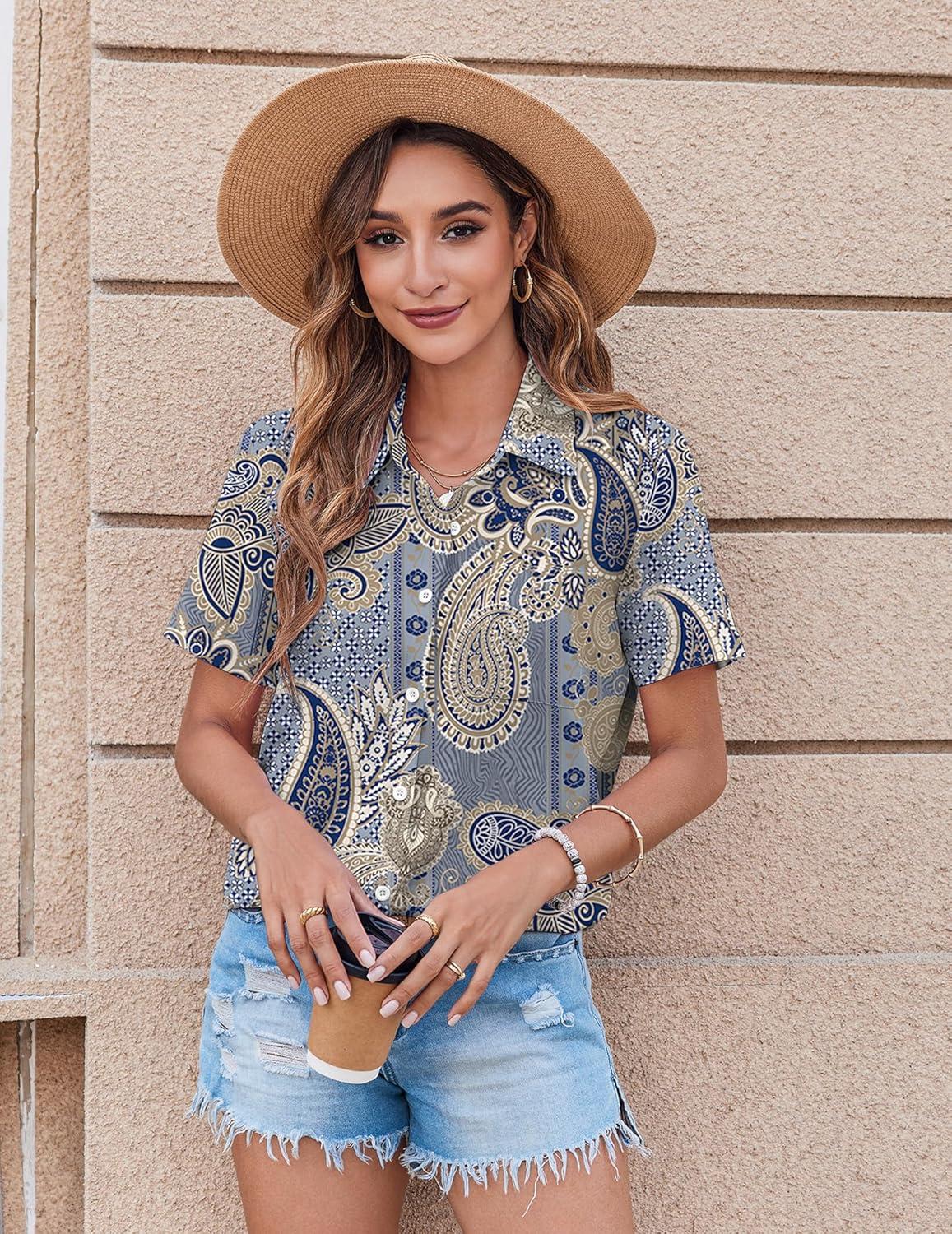 imageZeagoo Womens Button Down Shirt Bust Pocket Short Sleeve Blouses Business Casual Work Tops Summer OutfitsBoho Blue 919