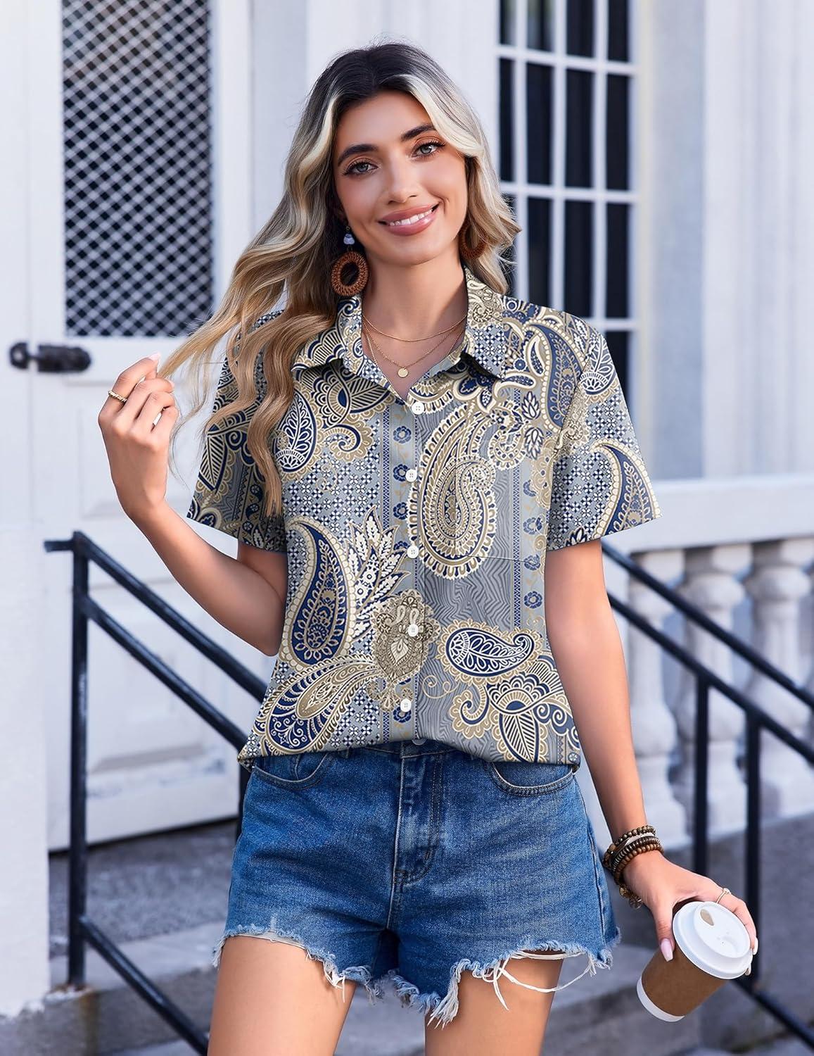 imageZeagoo Womens Button Down Shirt Bust Pocket Short Sleeve Blouses Business Casual Work Tops Summer OutfitsBoho Blue 919