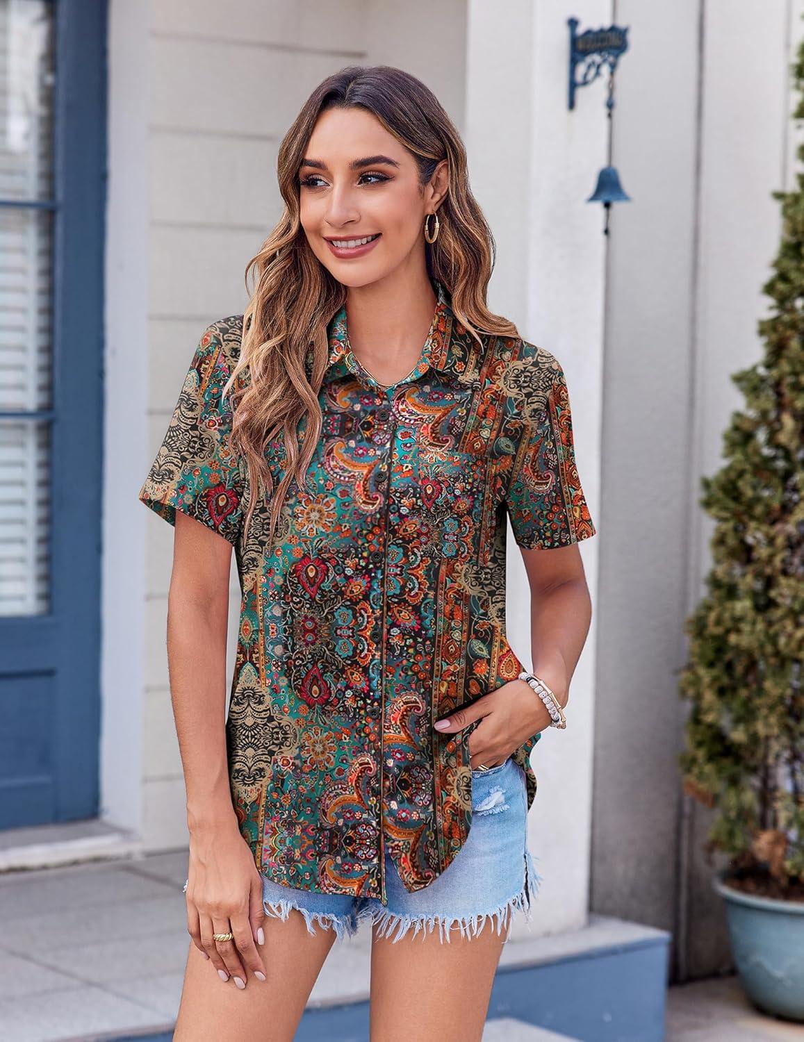 imageZeagoo Womens Button Down Shirt Bust Pocket Short Sleeve Blouses Business Casual Work Tops Summer OutfitsBoho Multicolor 721