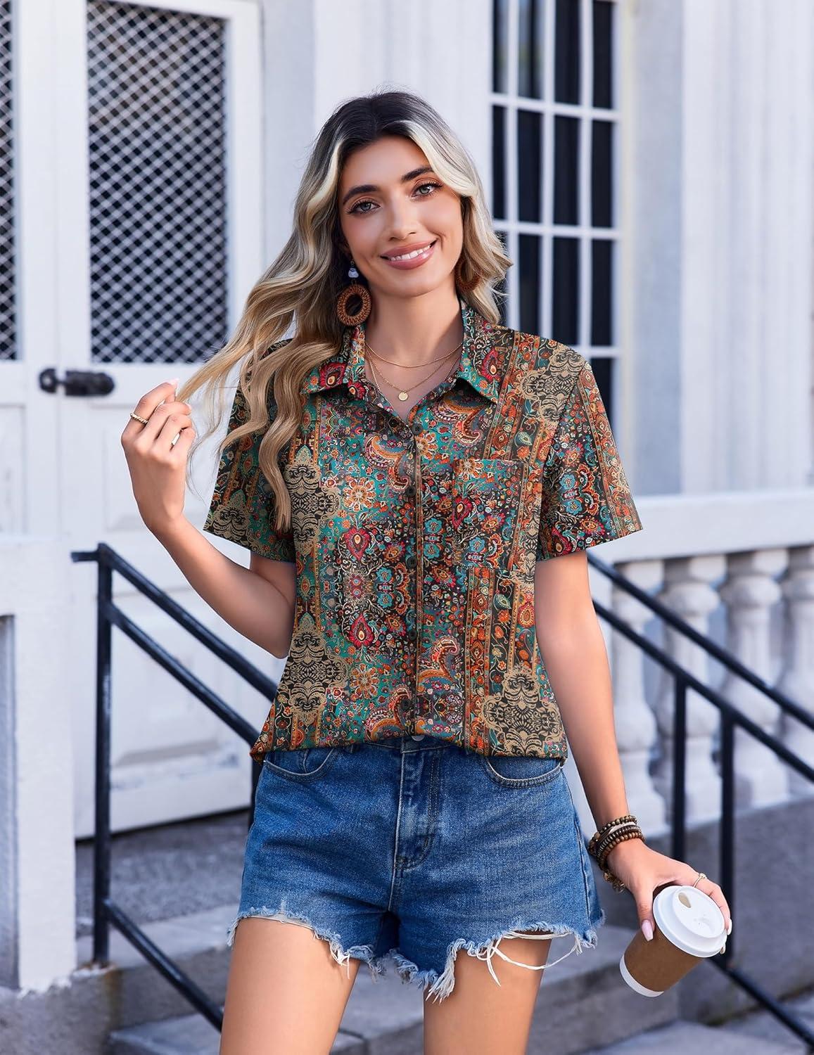 imageZeagoo Womens Button Down Shirt Bust Pocket Short Sleeve Blouses Business Casual Work Tops Summer OutfitsBoho Multicolor 721