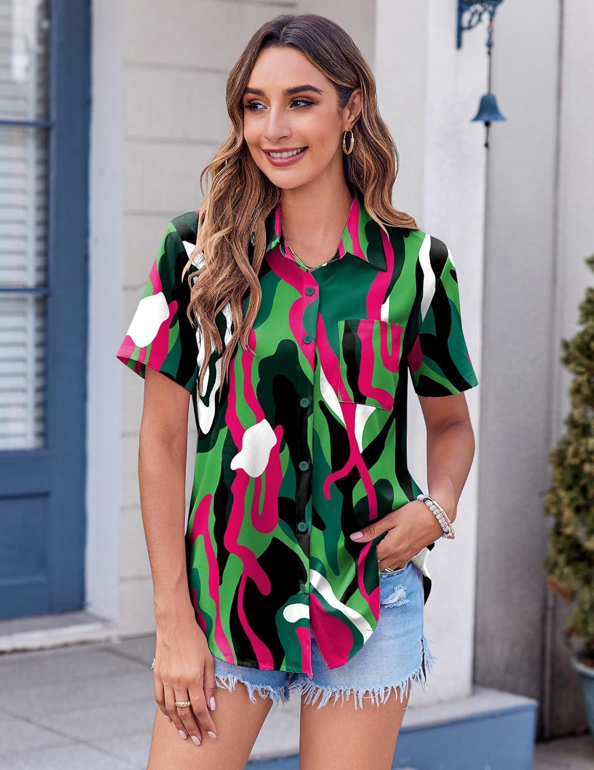imageZeagoo Womens Button Down Shirt Bust Pocket Short Sleeve Blouses Business Casual Work Tops Summer OutfitsCx254