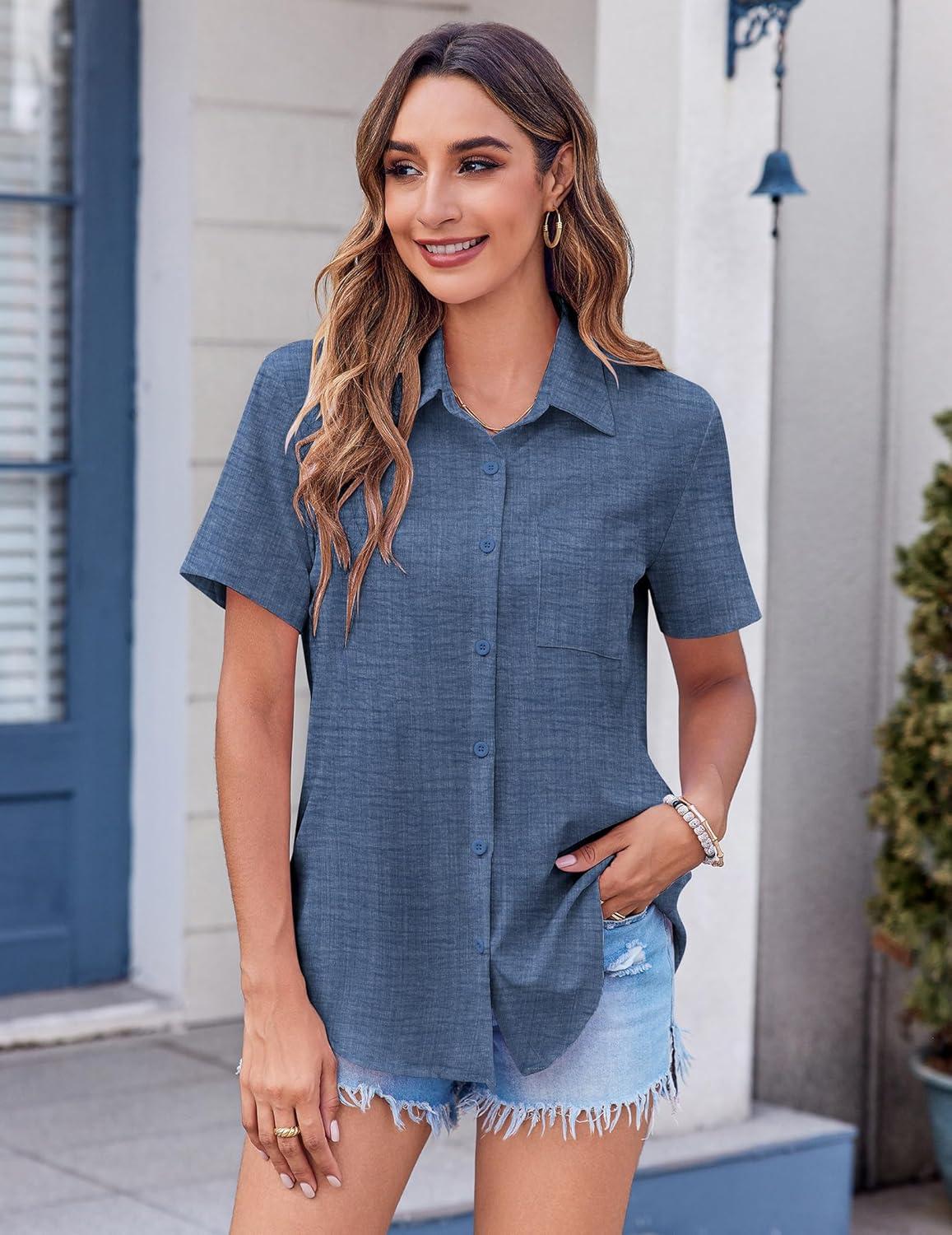 imageZeagoo Womens Button Down Shirt Bust Pocket Short Sleeve Blouses Business Casual Work Tops Summer OutfitsDenim Blue