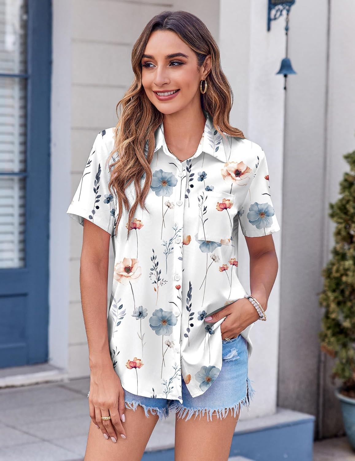 imageZeagoo Womens Button Down Shirt Bust Pocket Short Sleeve Blouses Business Casual Work Tops Summer OutfitsDh6