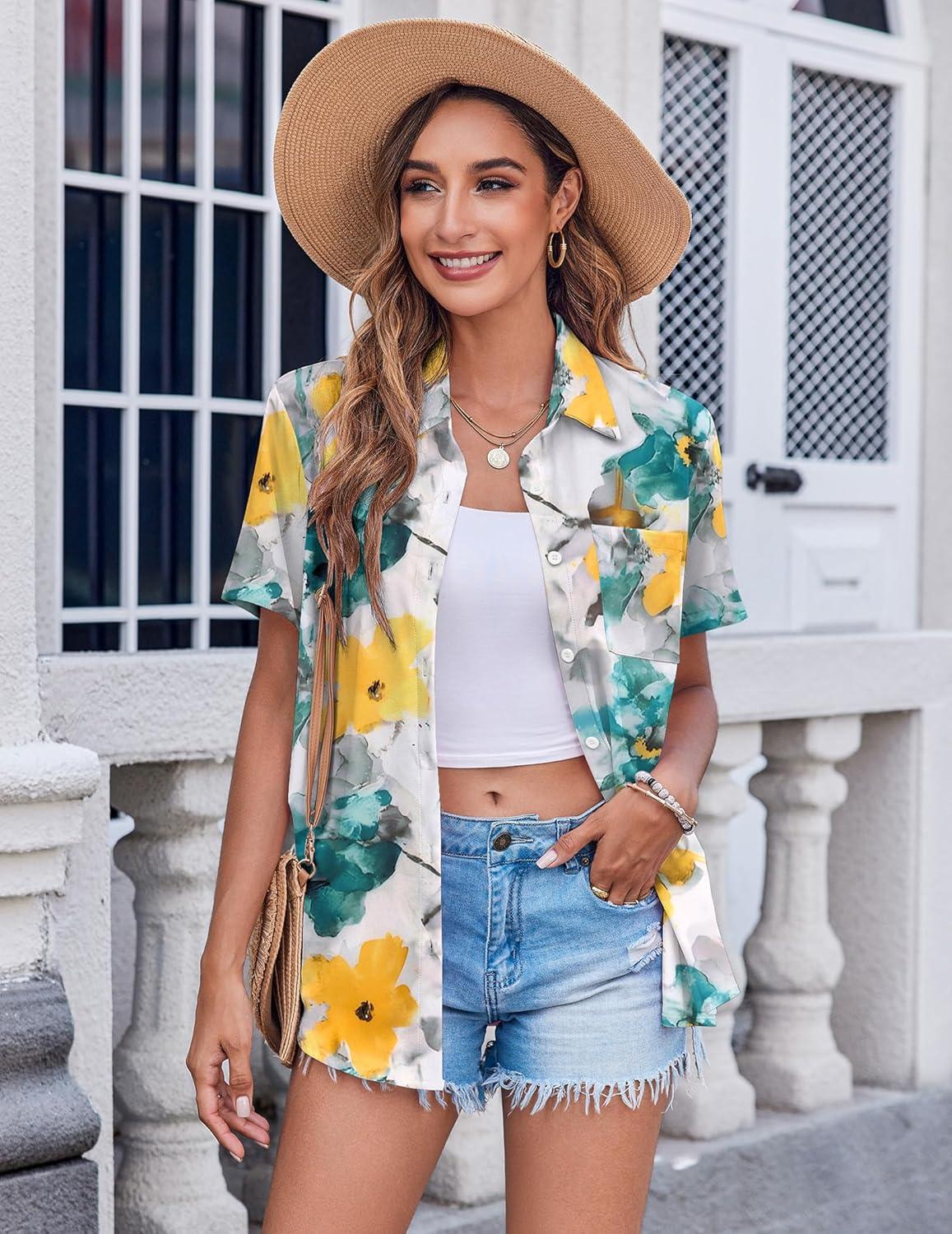 imageZeagoo Womens Button Down Shirt Bust Pocket Short Sleeve Blouses Business Casual Work Tops Summer OutfitsDh637