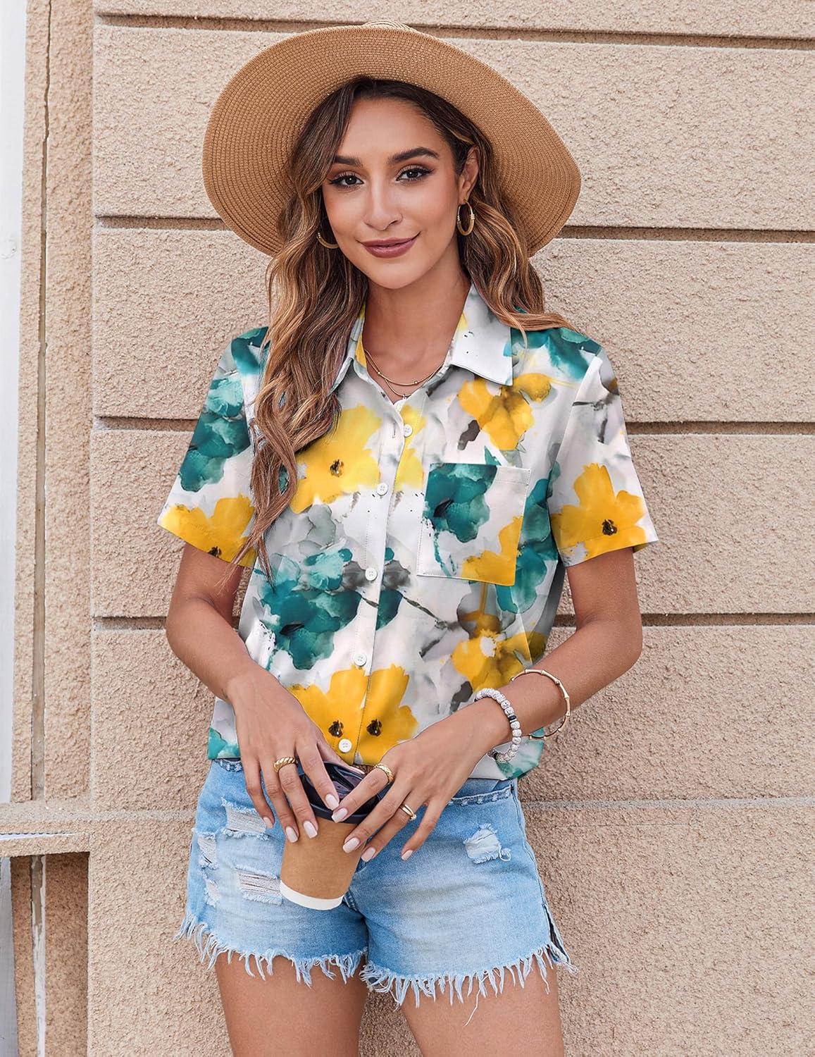 imageZeagoo Womens Button Down Shirt Bust Pocket Short Sleeve Blouses Business Casual Work Tops Summer OutfitsDh637