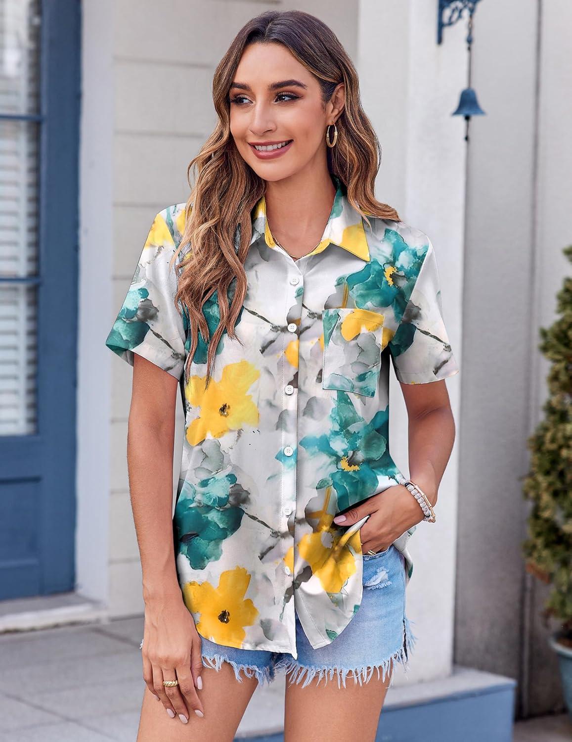 imageZeagoo Womens Button Down Shirt Bust Pocket Short Sleeve Blouses Business Casual Work Tops Summer OutfitsDh637