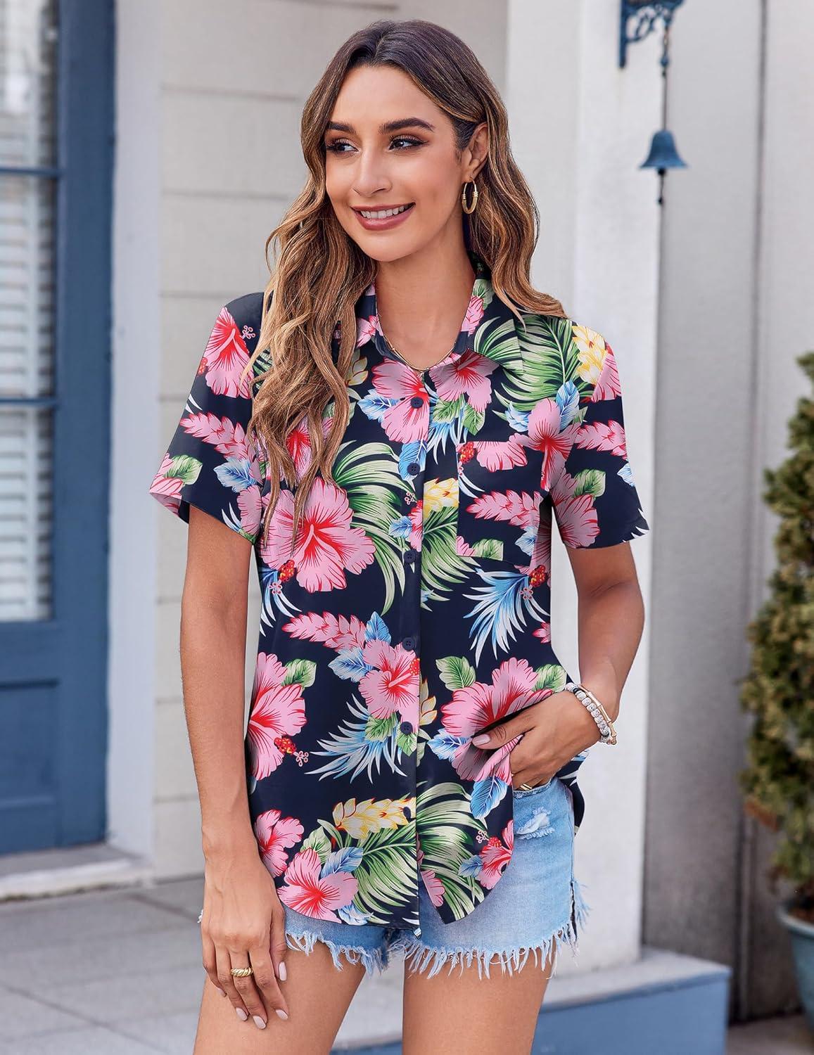 imageZeagoo Womens Button Down Shirt Bust Pocket Short Sleeve Blouses Business Casual Work Tops Summer OutfitsHf60