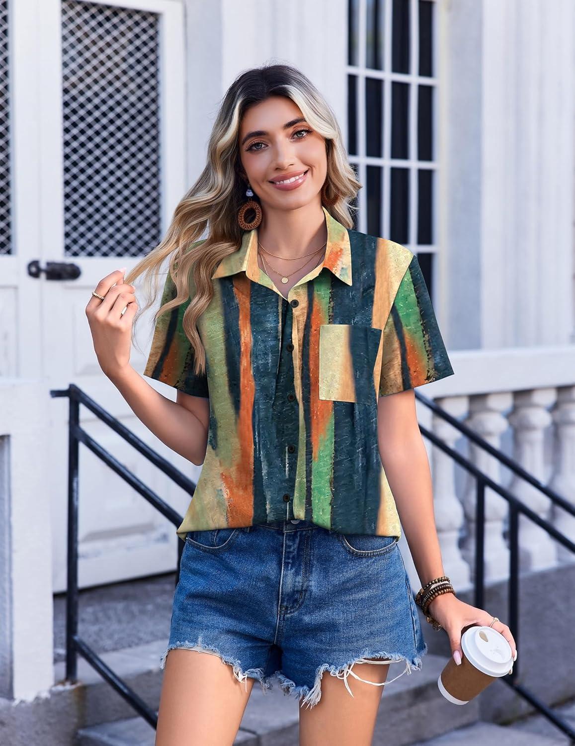 imageZeagoo Womens Button Down Shirt Bust Pocket Short Sleeve Blouses Business Casual Work Tops Summer OutfitsStripes Multicolor 289