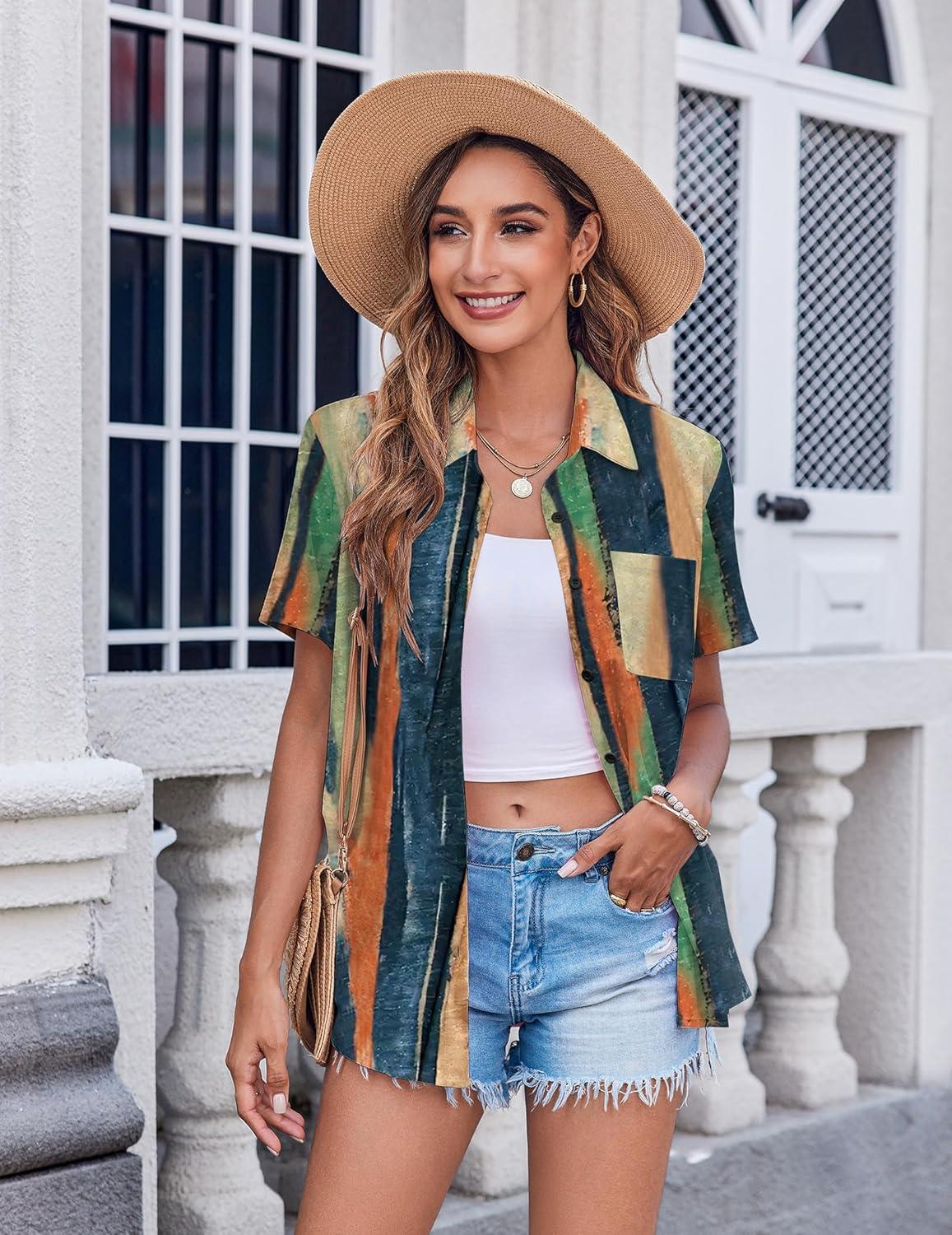 imageZeagoo Womens Button Down Shirt Bust Pocket Short Sleeve Blouses Business Casual Work Tops Summer OutfitsStripes Multicolor 289