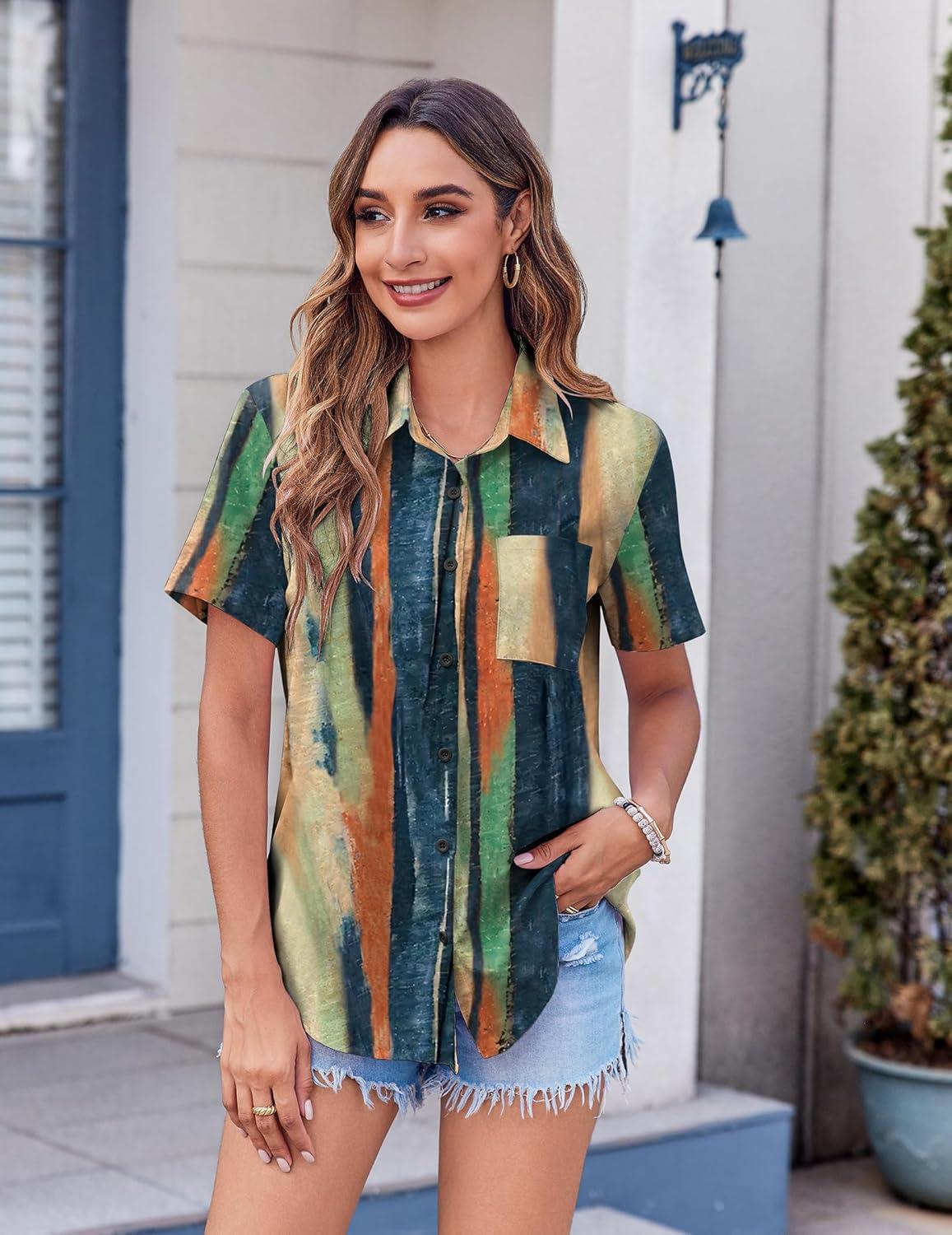 imageZeagoo Womens Button Down Shirt Bust Pocket Short Sleeve Blouses Business Casual Work Tops Summer OutfitsStripes Multicolor 289