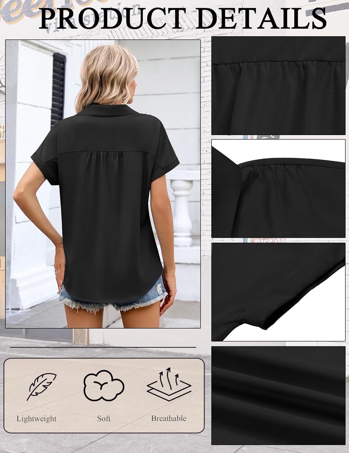 imageZeagoo Womens Button Down Shirt Short Sleeve Blouse V Neck Dressy Casual Business Work Tops with Pocket SXXLBlack