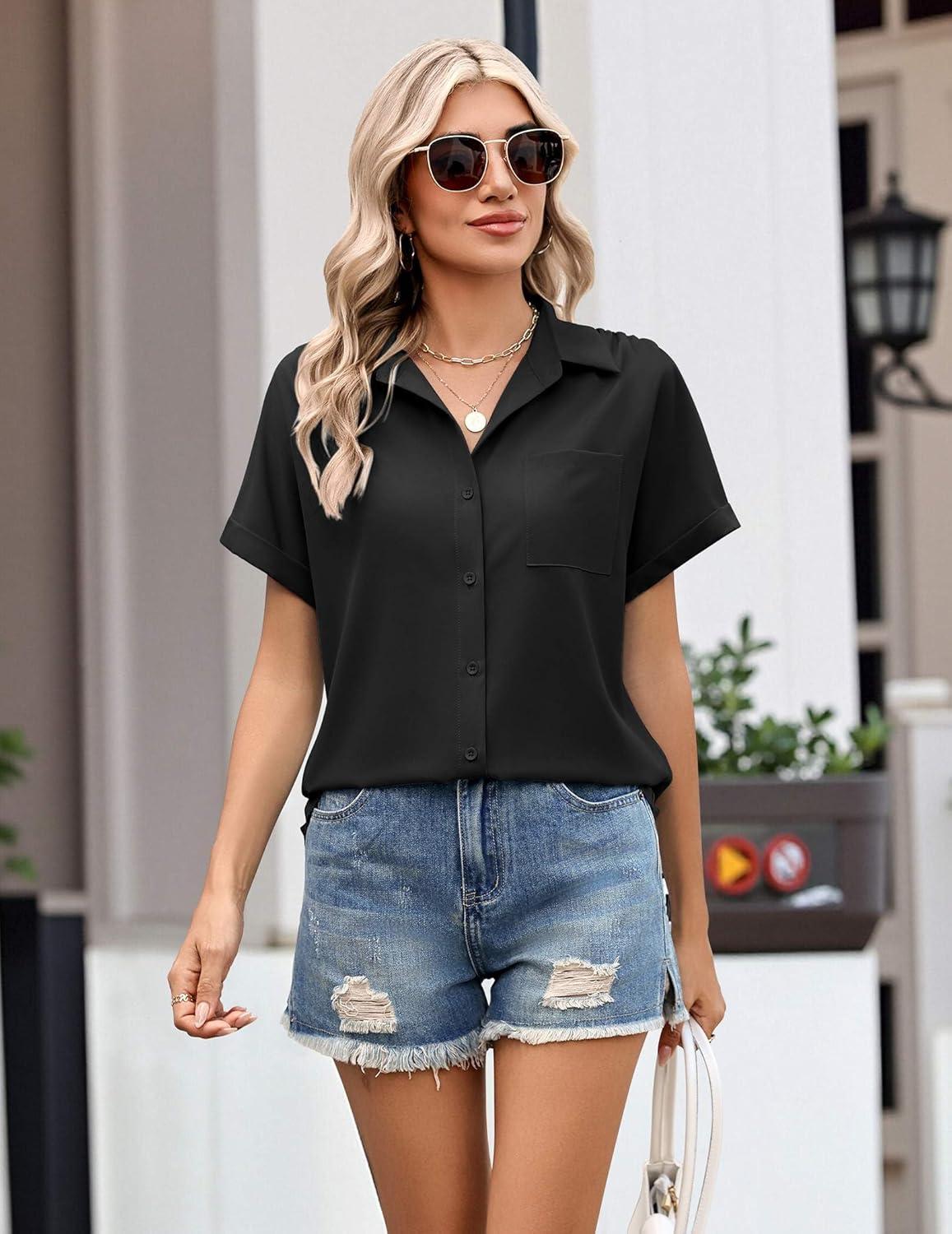 imageZeagoo Womens Button Down Shirt Short Sleeve Blouse V Neck Dressy Casual Business Work Tops with Pocket SXXLBlack