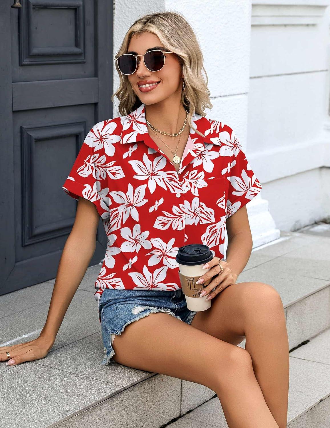 imageZeagoo Womens Button Down Shirt Short Sleeve Blouse V Neck Dressy Casual Business Work Tops with Pocket SXXLFloral Red