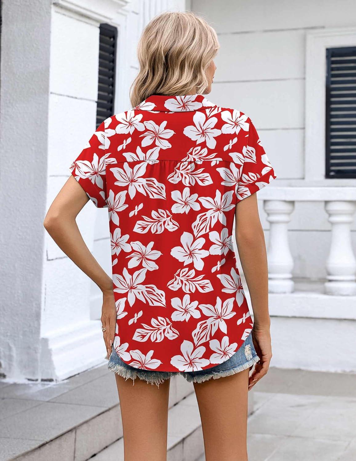 imageZeagoo Womens Button Down Shirt Short Sleeve Blouse V Neck Dressy Casual Business Work Tops with Pocket SXXLFloral Red