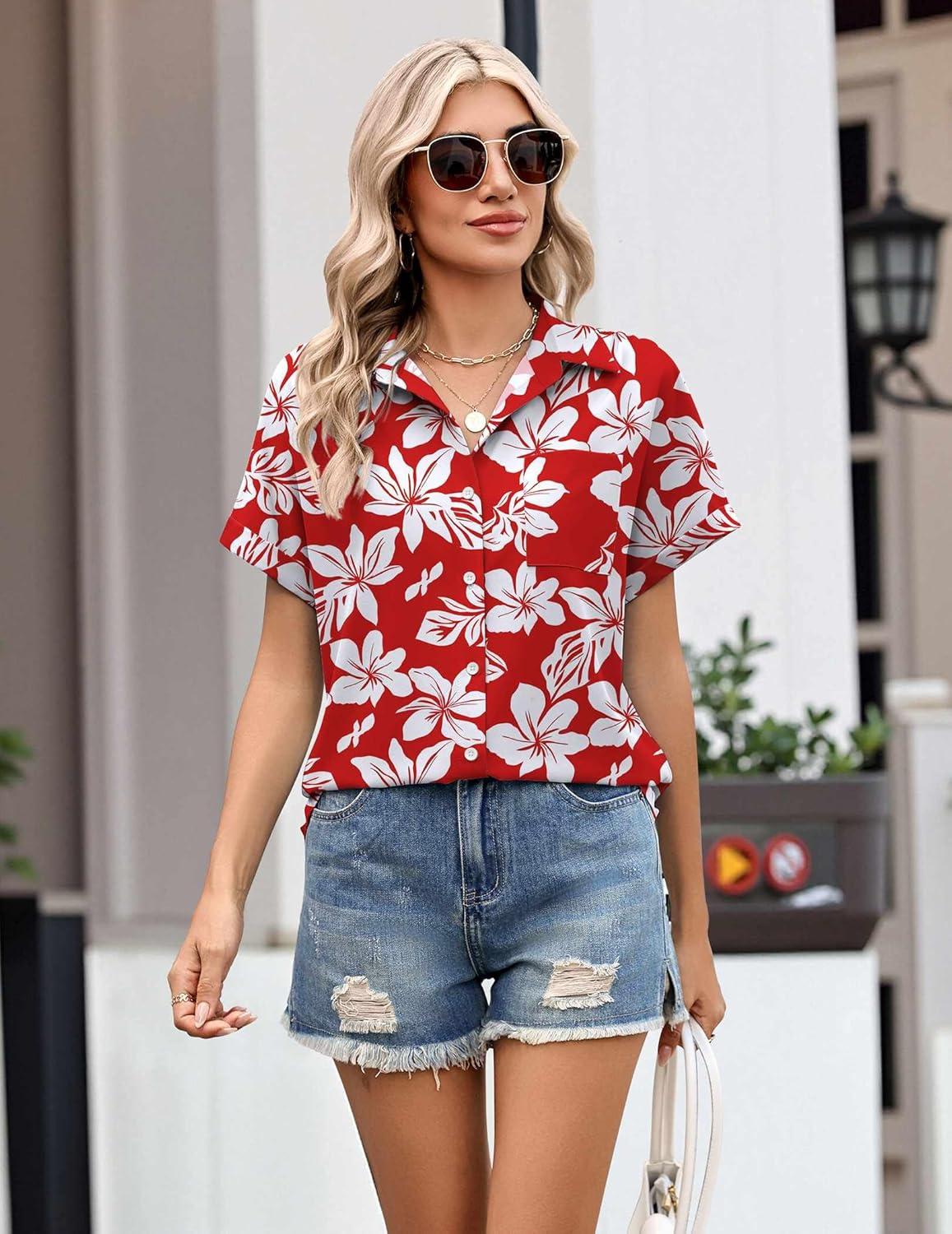 imageZeagoo Womens Button Down Shirt Short Sleeve Blouse V Neck Dressy Casual Business Work Tops with Pocket SXXLFloral Red