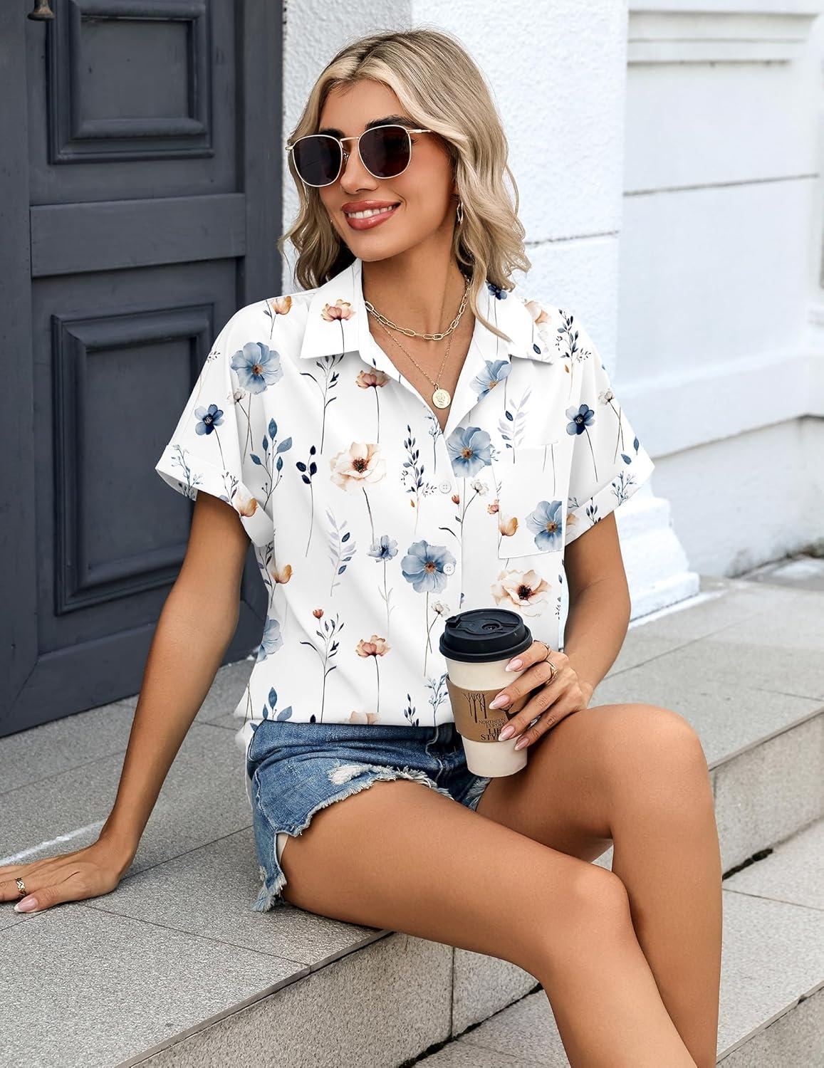 imageZeagoo Womens Button Down Shirt Short Sleeve Blouse V Neck Dressy Casual Business Work Tops with Pocket SXXLFloral White