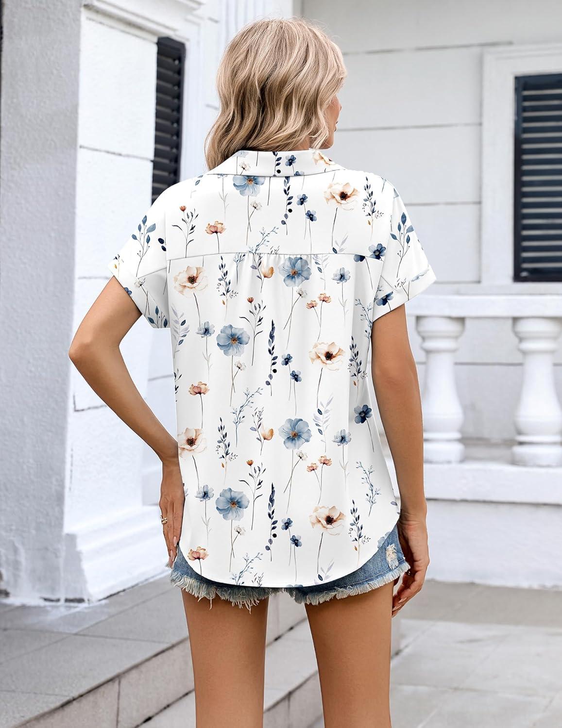 imageZeagoo Womens Button Down Shirt Short Sleeve Blouse V Neck Dressy Casual Business Work Tops with Pocket SXXLFloral White