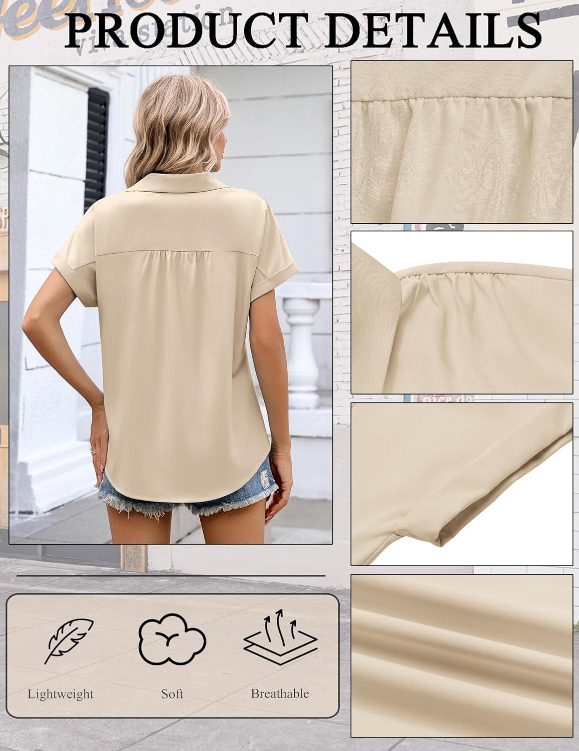 imageZeagoo Womens Button Down Shirt Short Sleeve Blouse V Neck Dressy Casual Business Work Tops with Pocket SXXLKhaki