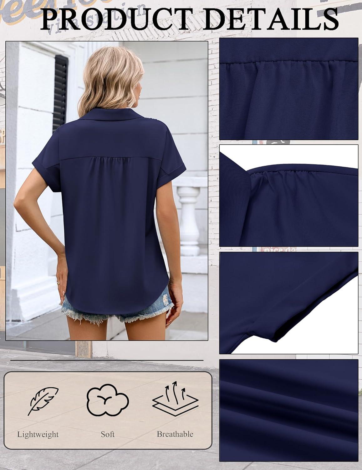 imageZeagoo Womens Button Down Shirt Short Sleeve Blouse V Neck Dressy Casual Business Work Tops with Pocket SXXLNavy Blue
