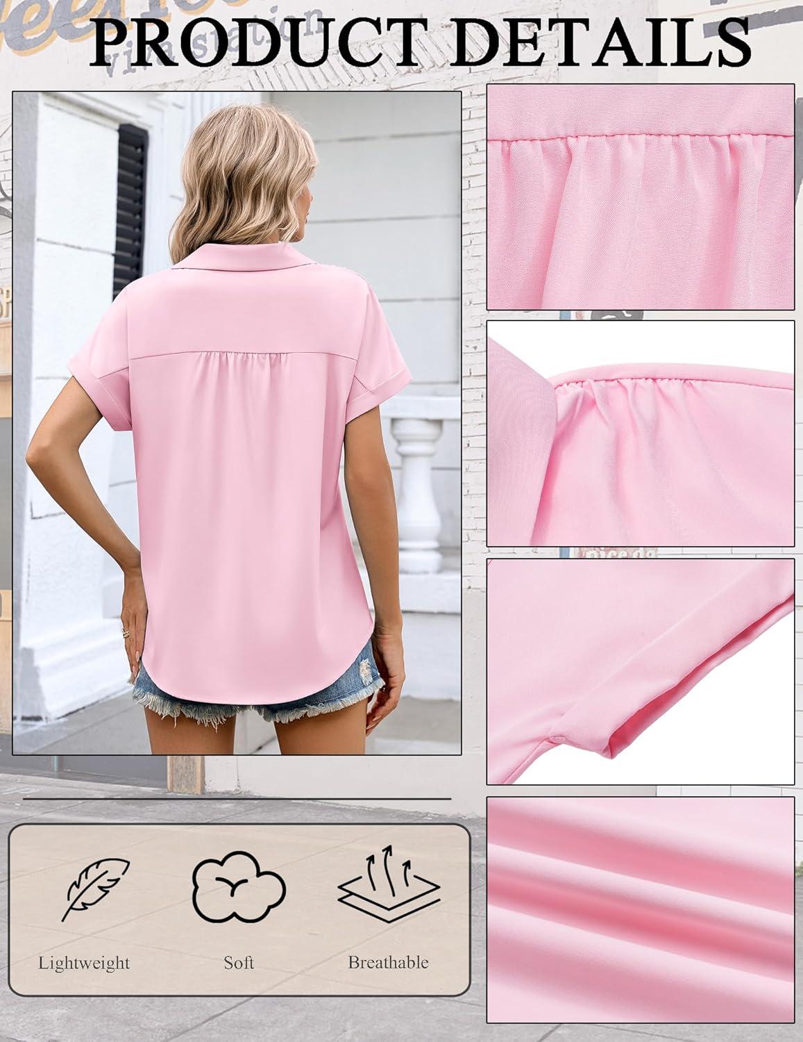 imageZeagoo Womens Button Down Shirt Short Sleeve Blouse V Neck Dressy Casual Business Work Tops with Pocket SXXLPink