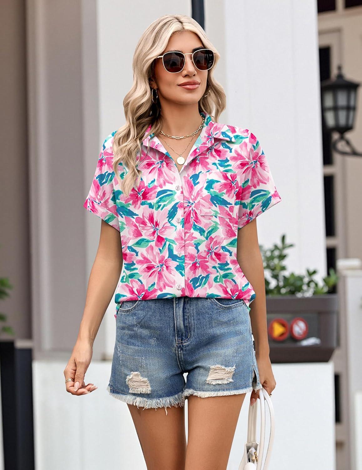imageZeagoo Womens Button Down Shirt Short Sleeve Blouse V Neck Dressy Casual Business Work Tops with Pocket SXXLPink Floral